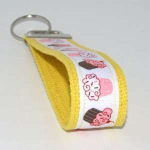  White Cupcakes 5   Yellow   Fabric Keychain Key Fob Ring 