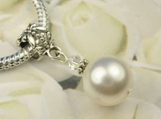 White Crystal Pearl Dangle Charm Bead European Style w Swarovski 