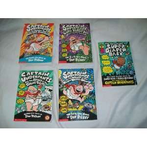  Set of 4 Captain Underpants books  1 Super Diaper Baby 