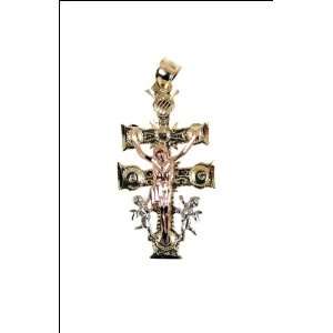 14k Tricolor Gold, Caravaca Cross Jesus Christ Angel Pendant Charm 