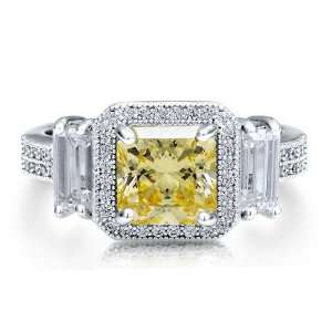 Sterling Silver 925 Princess Cut Canary Cubic Zirconia CZ 3 Stone Ring 