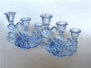 Cambridge Glass Caprice Moonlight Blue 3Lite Deco Candlesticks PR 