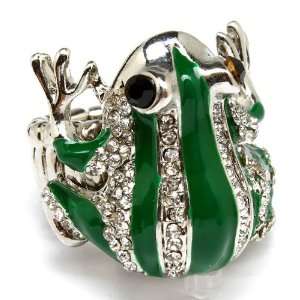   Gorgeous Crystal Silvertone /Green Frog Lovers Stretch Ring Jewelry