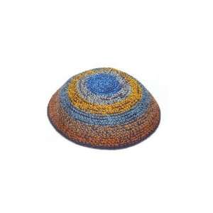  16 Centimeter Knitted Kippah with Blue, Yellow, Red, Gray 
