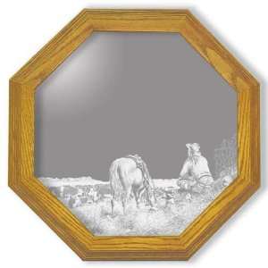  Etched Mirror Cowboy Art in Solid Oak Frame
