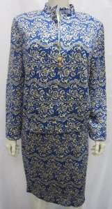 St. John Evening Sz 14 Somber Blue & Gold Skirt Suit Blue & Gold Lurex 
