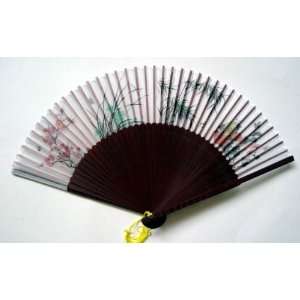  Chinese Art Hand Painting Silk Bamboo Fan Flower 