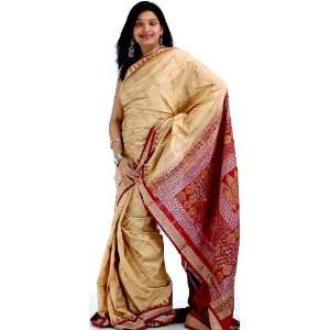  Khaki and Burgundy Bomkai Sari with Rudraksha Border Hand 