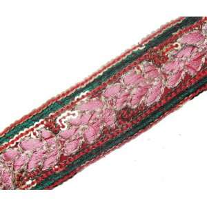  Green Red Embroidered Sequin Fabric Trim Ribbon 3 Yard 