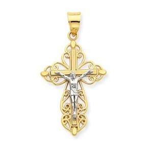  14K Two tone Small Lacey edged Crucifix Pendant Jewelry