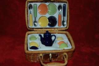 17pc Mini Porcelain Tea Set w/Utensils in Wicker Basket *New*  