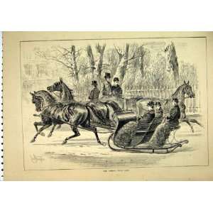  1881 Horses Sledging Snow Women Village Scene Old Print 