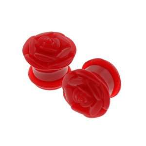  Red Acrylic Single Flare Plugs with Rose Design   7/16 
