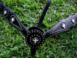LEATHER Cowboy Breast collar WHITE CROSS BLACK TACK  
