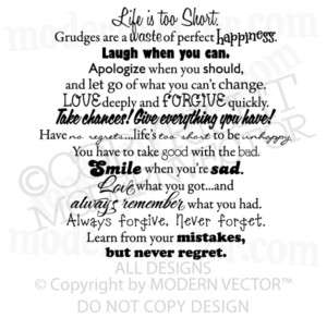 INSPIRATIONAL Vinyl Wall Quote Decal LIFE IS TOO SHORT  