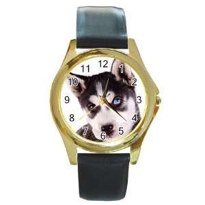 Siberian Husky Puppy Dog 16 Round Gold Trim Watch Z0630