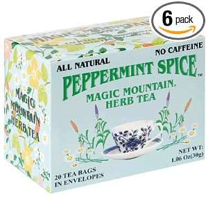 Magic Mountain Peppermint Spice Herbal Tea, 20 Count Boxes, (Pack of 6 