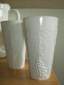 Colony Paneled Harvest Grape Milk Glass Pitcher and 7 Tumblers Glasses 