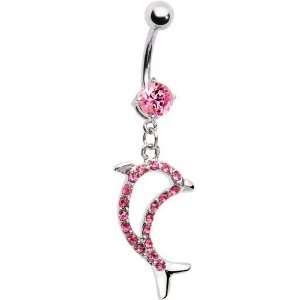   Gem Paved Hollow Dolphin Dangle Belly Navel Ring Piercing Body Jewelry