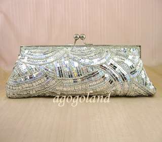 Silver Sequins Beaded Purse   Hand Sewn Shiny Evening Clutch Handbag 