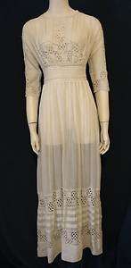   TEA GOWN 1910 LONG DRESS White Cotton Gauze Lace MINT Small XS  