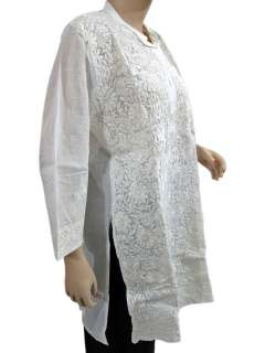 Boho Designer Kurtis Dress White Floral Embroidered Cotton Tunic Top L