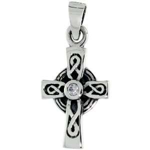 Sterling Silver Infinity Loop Celtic Cross Pendant w/ Single Clear CZ 