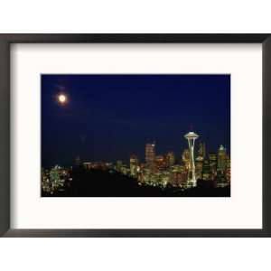  Skyline at Night with Moon and Space Needle Tower Seattle 