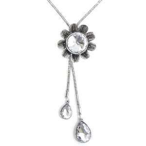  Long Flower Pendent Necklace with Crystal in Silver 