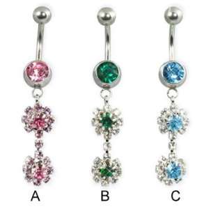  Two dangling flowers belly button ring, aquamarine   C 