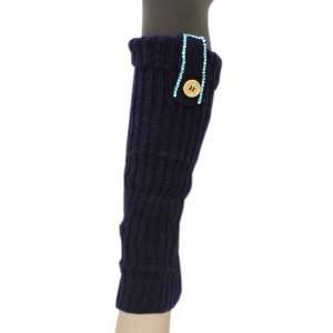  Navy Rib Knit Leg Warmers with Embellished Wooden Button 