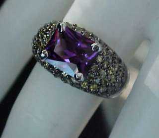   EMERALD cut Signity Purple & Canary cz Black Rhodium DOMED Ring Sz7