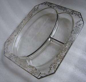 ANTIQUE SILVER OVERLAY GLASS DIVIDED DEEP DISH SIGNED  