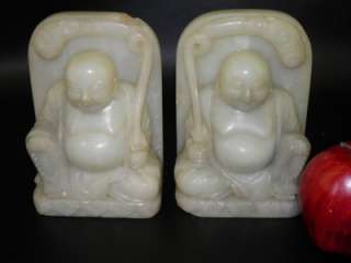 PAIR OF ANTIQUE ONYX STONE HAPPY BUDDHA BOOKENDS  