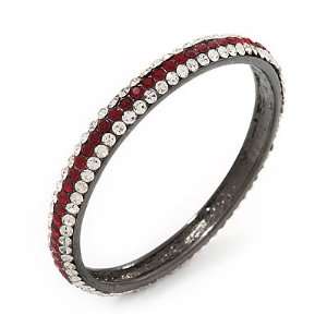  Ruby Red/Clear Crystal Bangle Bracelet In Gun Metal Finish 