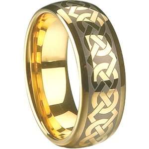  Gold Tungsten Carbide Ring. Domed & Polished. Etched Celtic Design 
