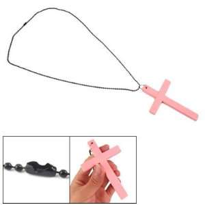  Lady Pink Wooden Cross Pendant Black Bead Chain Long 