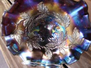 Dugan Amethyst Carnival Glass Three Footed Bowl Cherry Pattern  