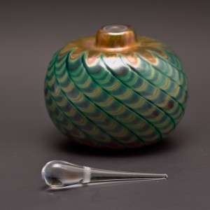   Iridescent Green and Gold Round Feller Art Glass Perfume Bottle  