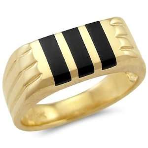  Size  6.5   New Solid 14k Yellow Gold Mens Onyx Stripe 