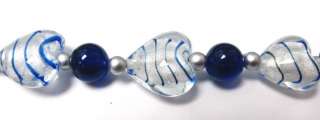 17 pcs Navy Blue Strip Hearts Glass Bead Strand 18mm  