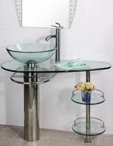 39 HWS Bathroom Clear Tempered Glass Vessel Sink & Vanity w/ Faucet 