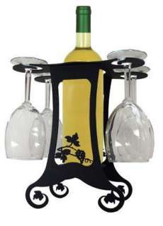 Wrought Iron WINE BOTTLE and GLASSES HOLDER Grapevine  