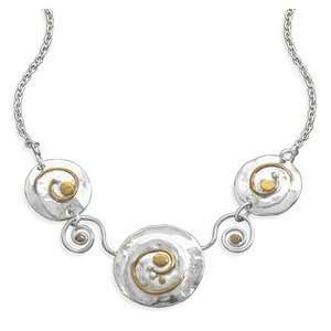  Coil Designer Two Tone Swirl Disk Necklace 14K Yellow Gold 