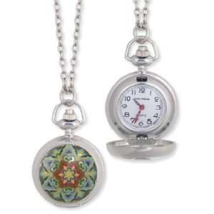 ZAD Round Green/Red Tapestry Tile Locket Necklace Watch on LONG Silver 