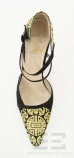 Christian Louboutin Black And Gold Embroidery Satin Ankle Strap Heels 