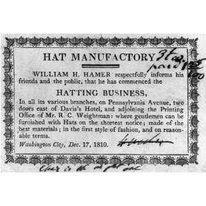  Hat Manufactory,William H Hamer,Washington City,1810