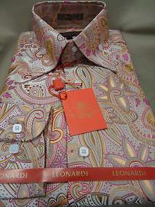 Mens Leonardi Pink Champagne Exquisite Paisley High Collar Dress Shirt 
