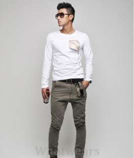 Mens Zip Pocket Slim Long Sleeve T shirt Tops White W18  
