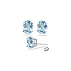  3.40 Cts of 9x7 mm AA Oval Aquamarine Stud Earrings in 